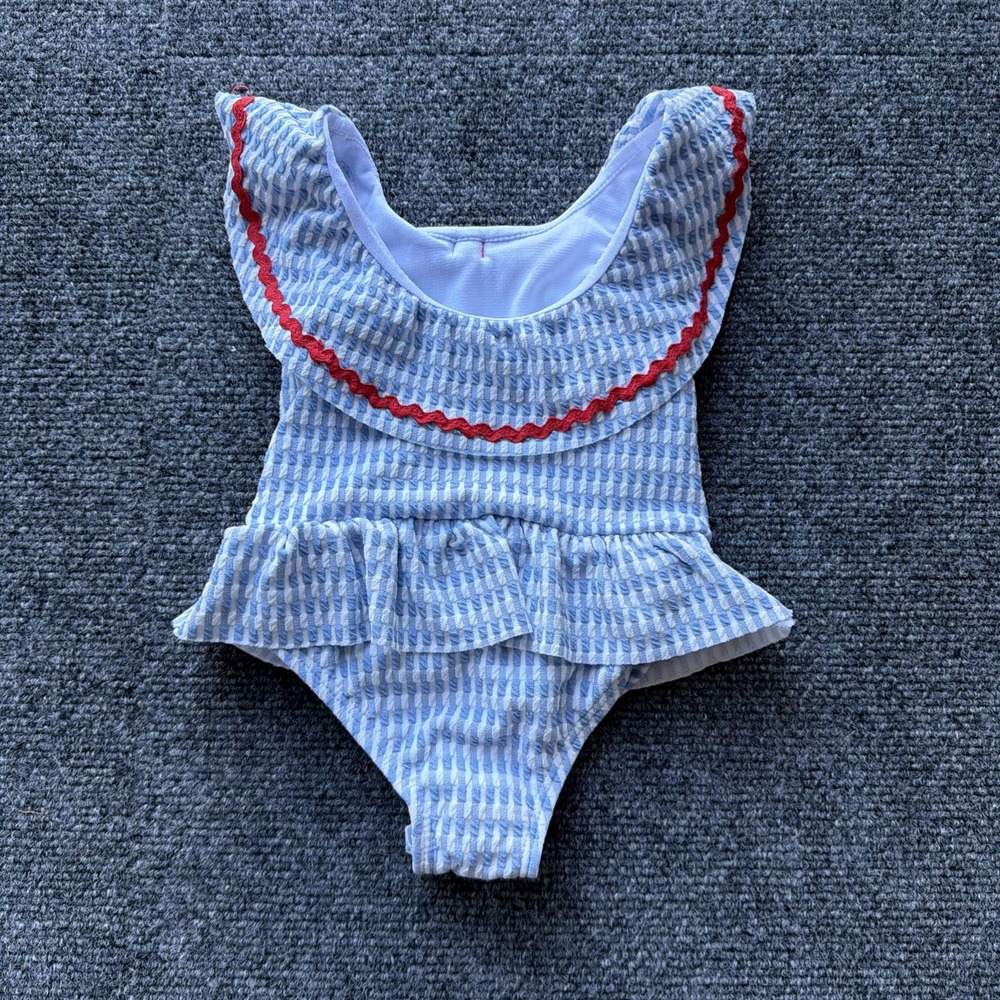 Sperry Infant Girls UPF 50+ UV Seersucker Striped Ruffle Swimsuit Red Bow Sz 9M - Picture 8 of 10